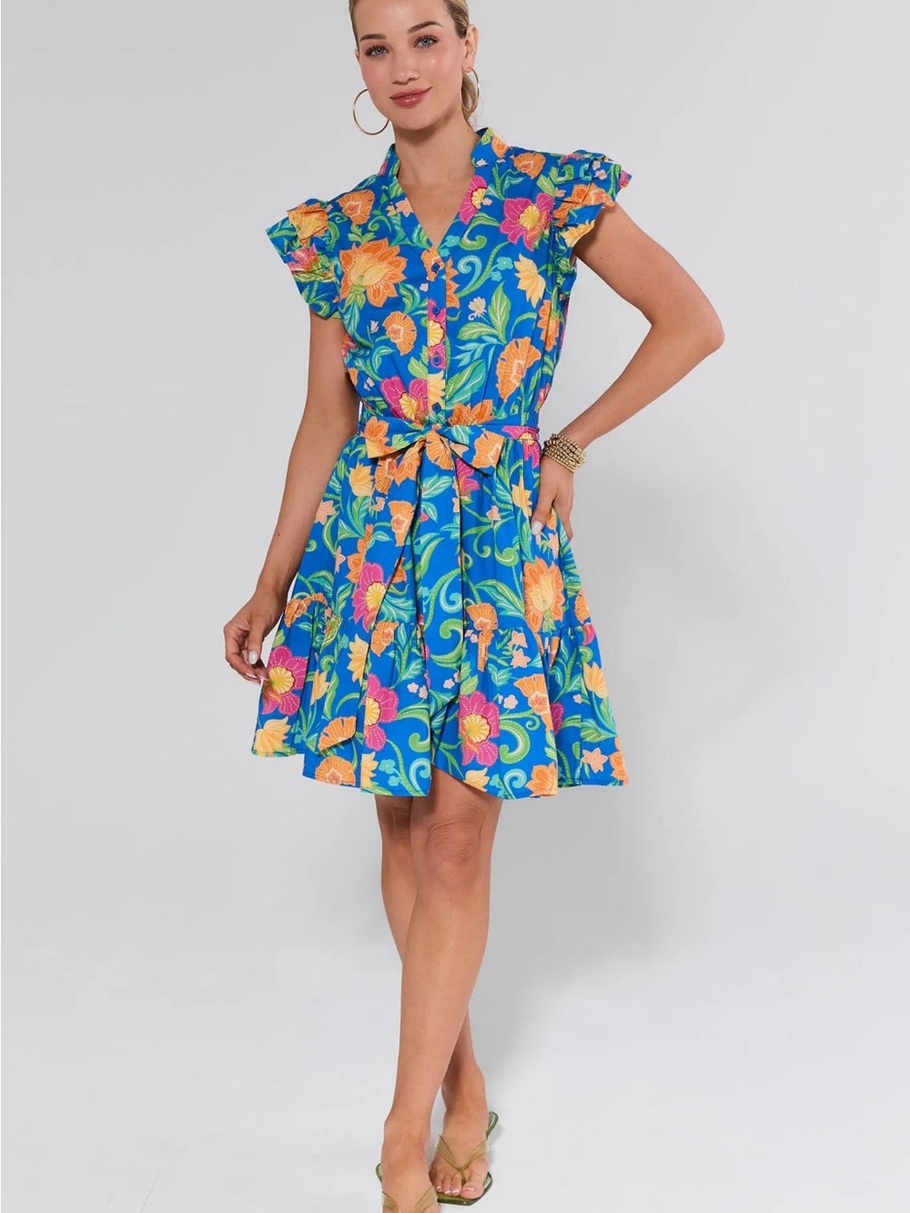 Avara Blue Floral Tie-Waist Mini Dress Size M